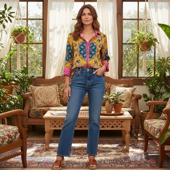 Rachel Zoe Boho Button Down Shirt Mustard Yellow & Fuchsia Collared Print Top XS - Picture 4 of 14